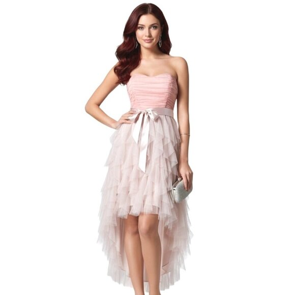 Flirty Feminine Strapless Hi Low Ruffle Coquette Dress SZ 13 Pink Beige Teeze Me - Picture 1 of 11